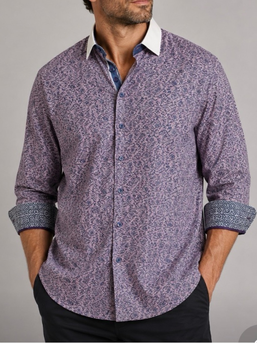 Au Noir Men's Purple Patterned Dress Shirt with Contrast Collar and Cuffs XXXL